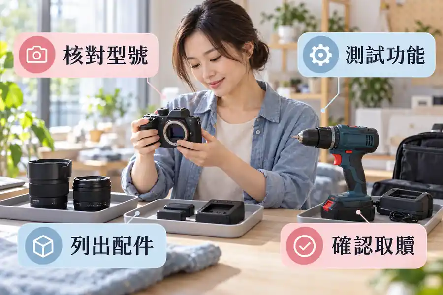 相機、電動工具與裝置能詢問質當嗎?先列功能與配件主題圖:核對型號、測試功能、列出配件