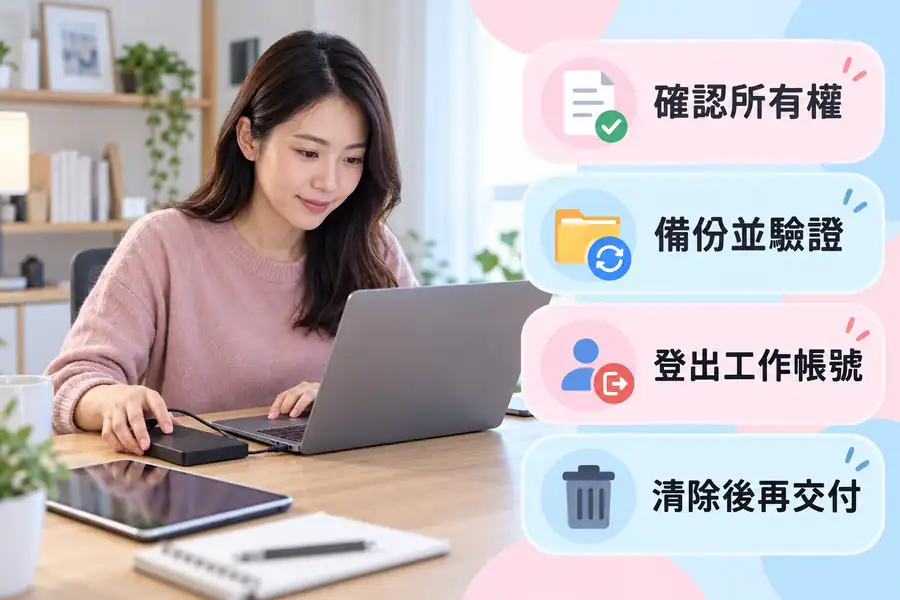 筆電和平板質當前，怎麼保護工作與個人資料？主題圖：裝置所有權、備份驗證、工作帳號