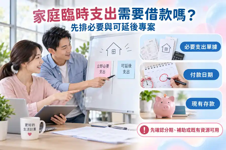 家庭臨時支出需要借款嗎？先排必要與可延後專案主題示意