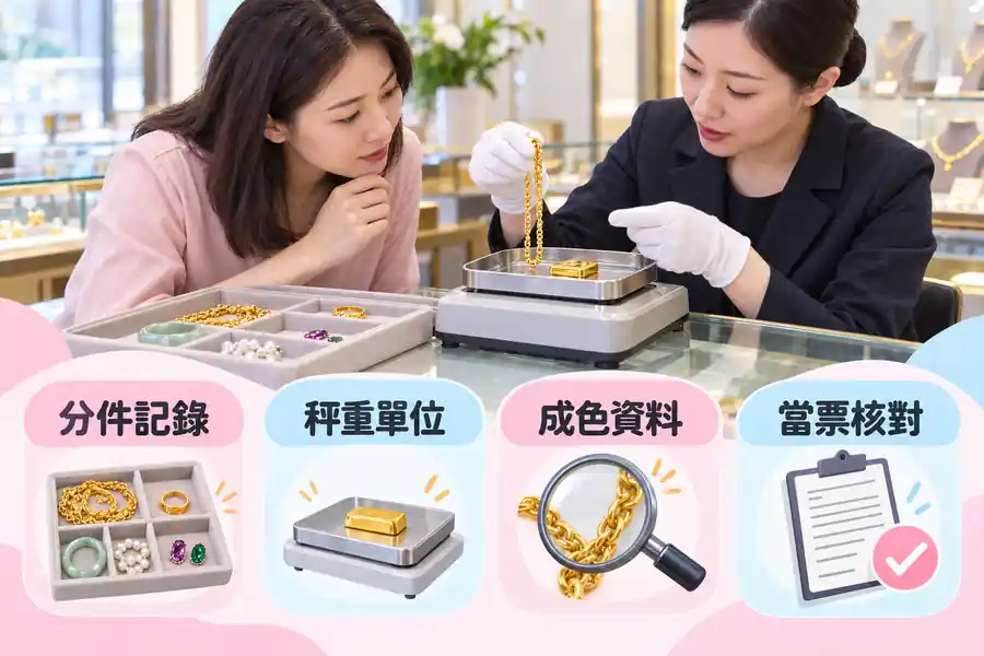 黃金與金飾詢問質當，重量和純度怎麼整理？主題圖：分件記錄、重量單位、成色資料