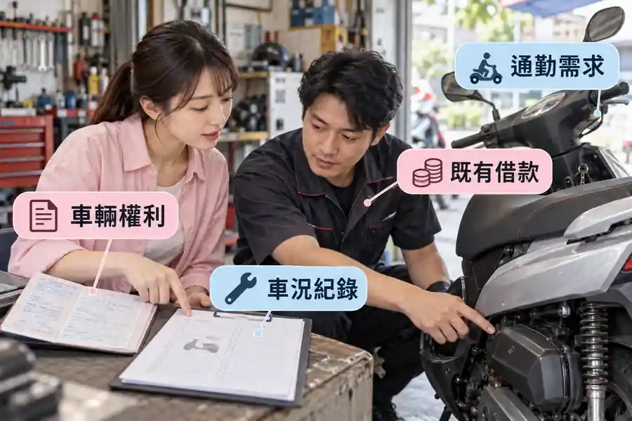 機車資金諮詢怎麼準備？先看車況和使用需求主題圖：車輛權利、車況紀錄、既有借款