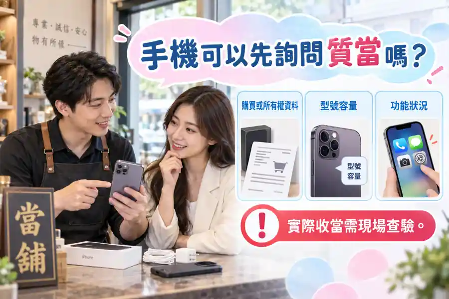 手機可以先詢問質當嗎？查證當舖、整理資料與看懂取贖責任主題示意