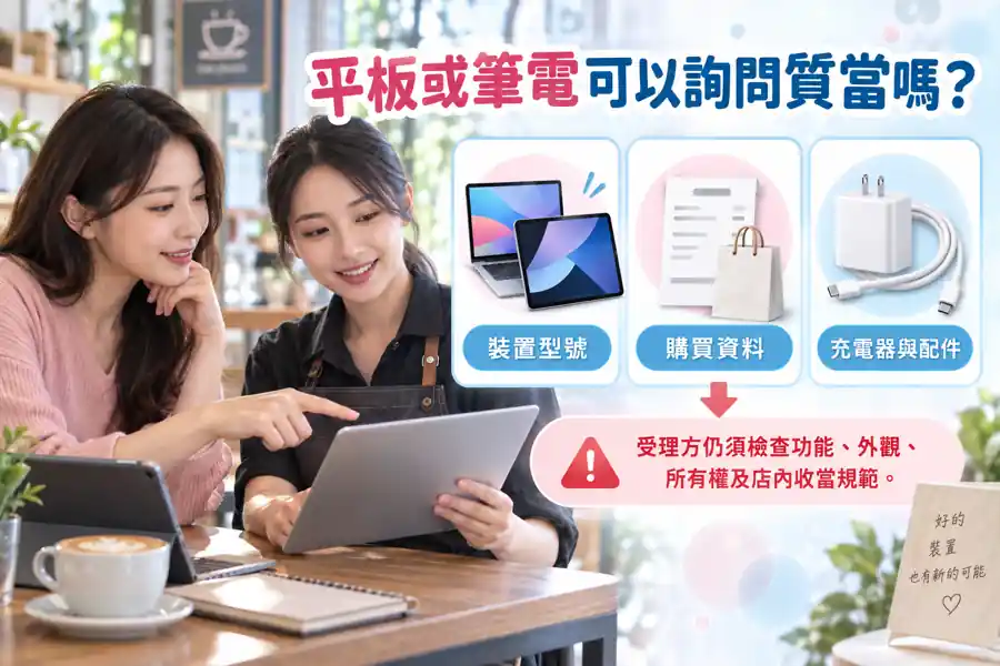 平板或筆電可以詢問質當嗎？先保護資料，再核對當票與取贖金額主題示意