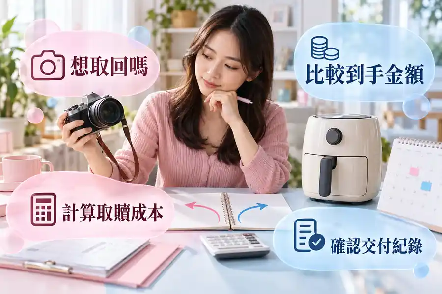 質當和出售怎麼選?想取回與不再需要是不同決定主題圖:想取回嗎、比較到手金額、計算取贖成本