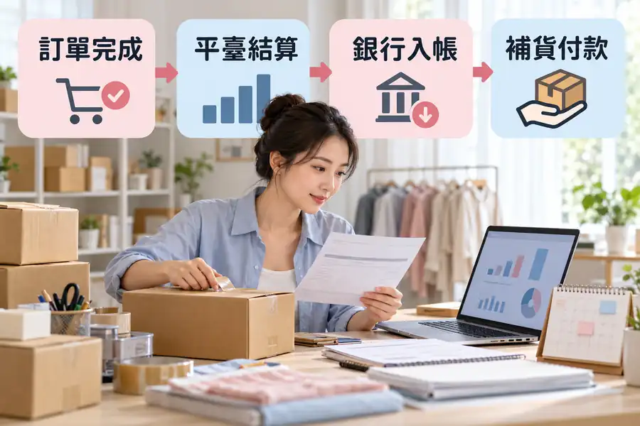 電商平臺晚入帳怎麼辦？先算結算日與補貨日的落差主題圖：訂單完成、平臺結算、銀行入帳