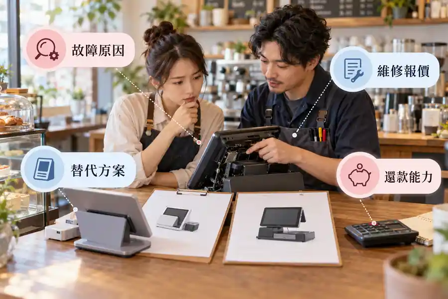 店裡裝置壞了要借款換新嗎?先比維修與替代方案主題圖:故障原因、維修報價、替代方案
