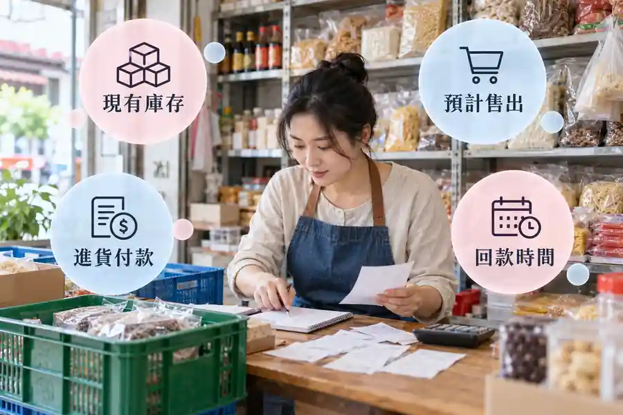 進貨週轉要借多少？先看能賣掉多少與多久回款主題圖：現有庫存、預計售出、進貨付款