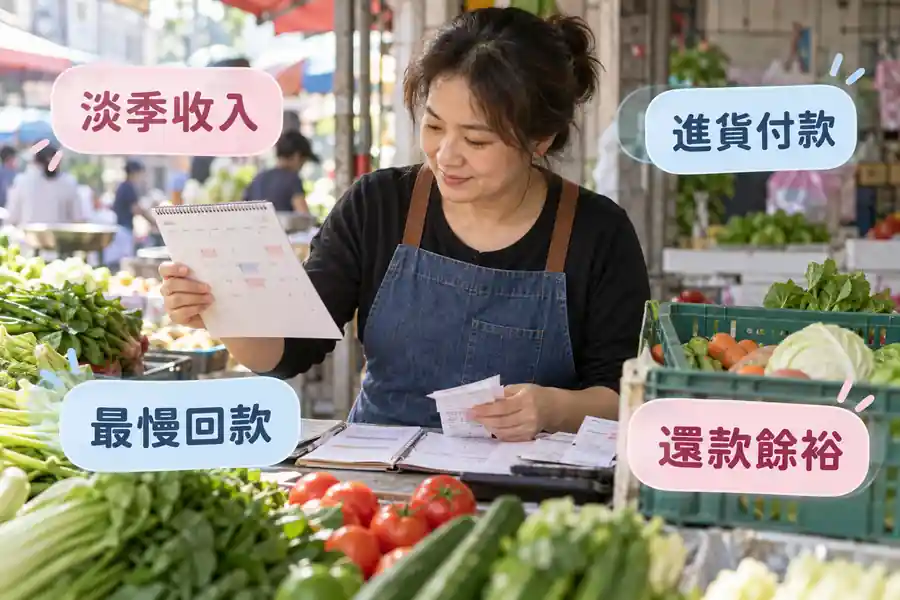 攤商淡旺季怎麼安排週轉？用最慢收款月份算一次主題圖：淡季收入、進貨付款、最慢回款