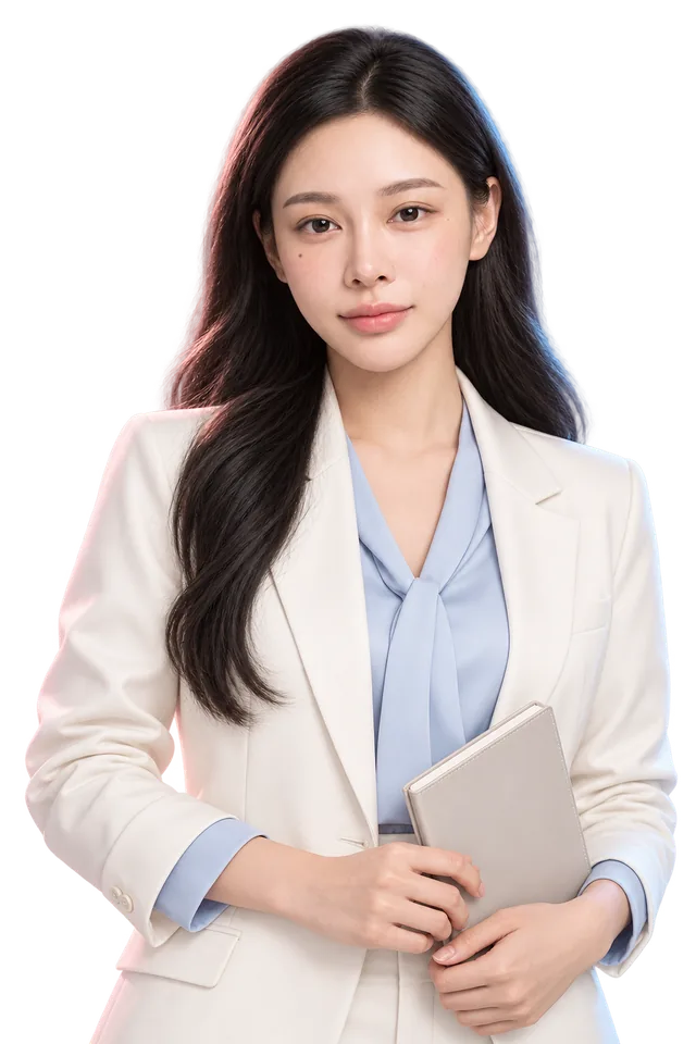 AI 生成的專業女性形象，手持筆記本